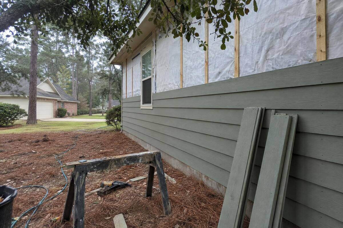 Fiber-cement lap planks partway up a wall beneath an oak branch