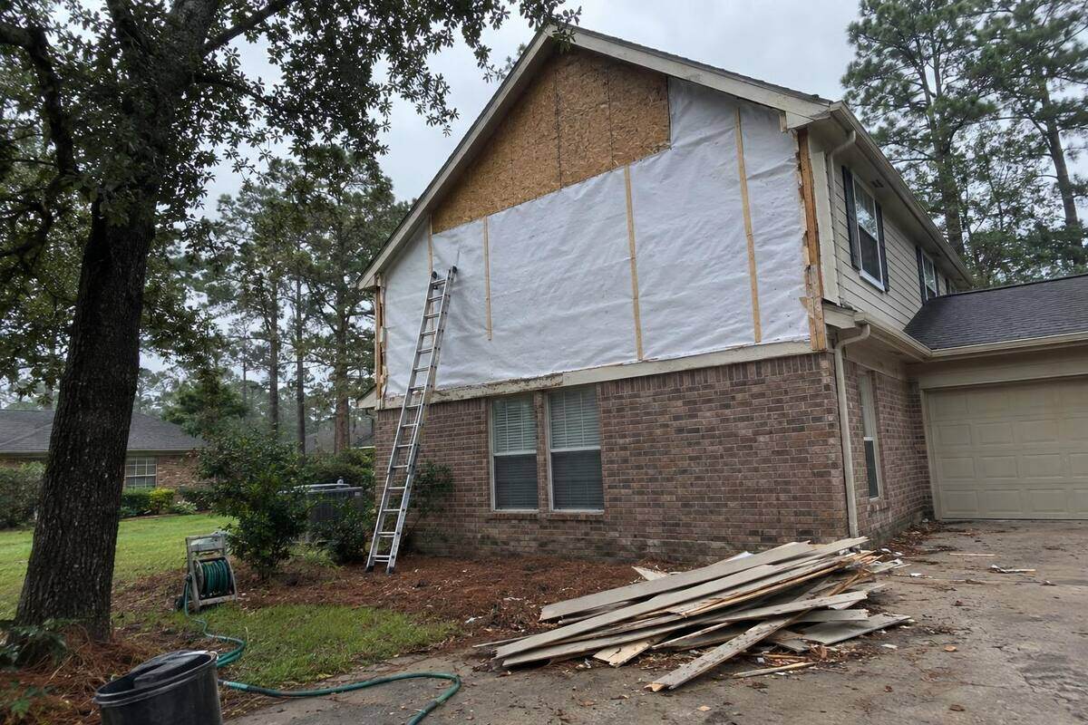 Gable end with the old siding removed and house wrap exposed, a ladder against the wall