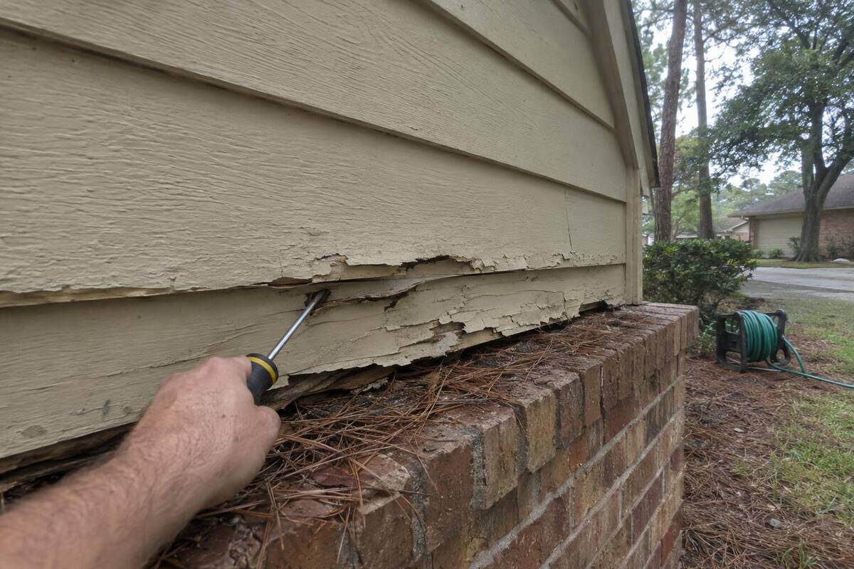 Lower edge of hardboard lap siding on a gable, swollen and crumbling above a brick ledge