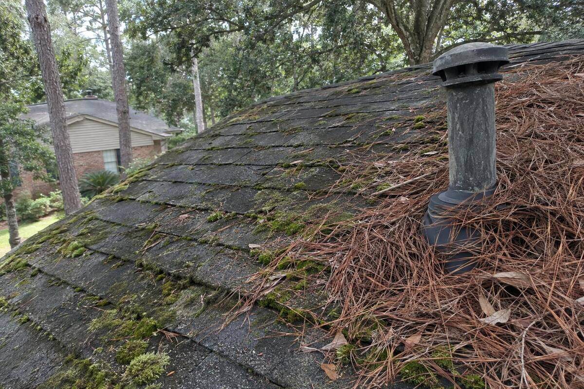 Shaded roof slope with green moss and pine straw along the shingle edges under a tree canopy